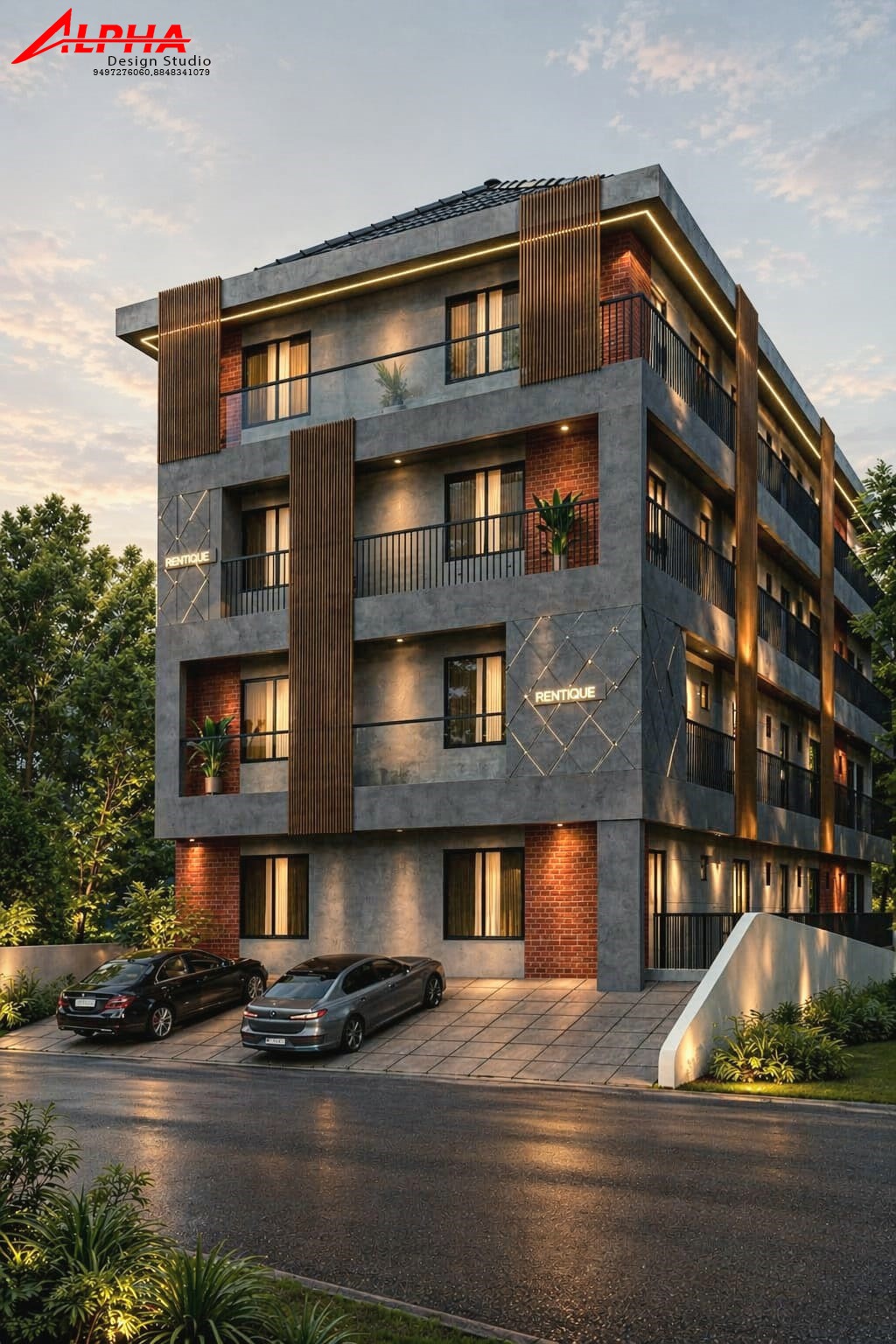 Rentique corner block in concrete, brick and timber — Exterior work by Alpha Design Studio